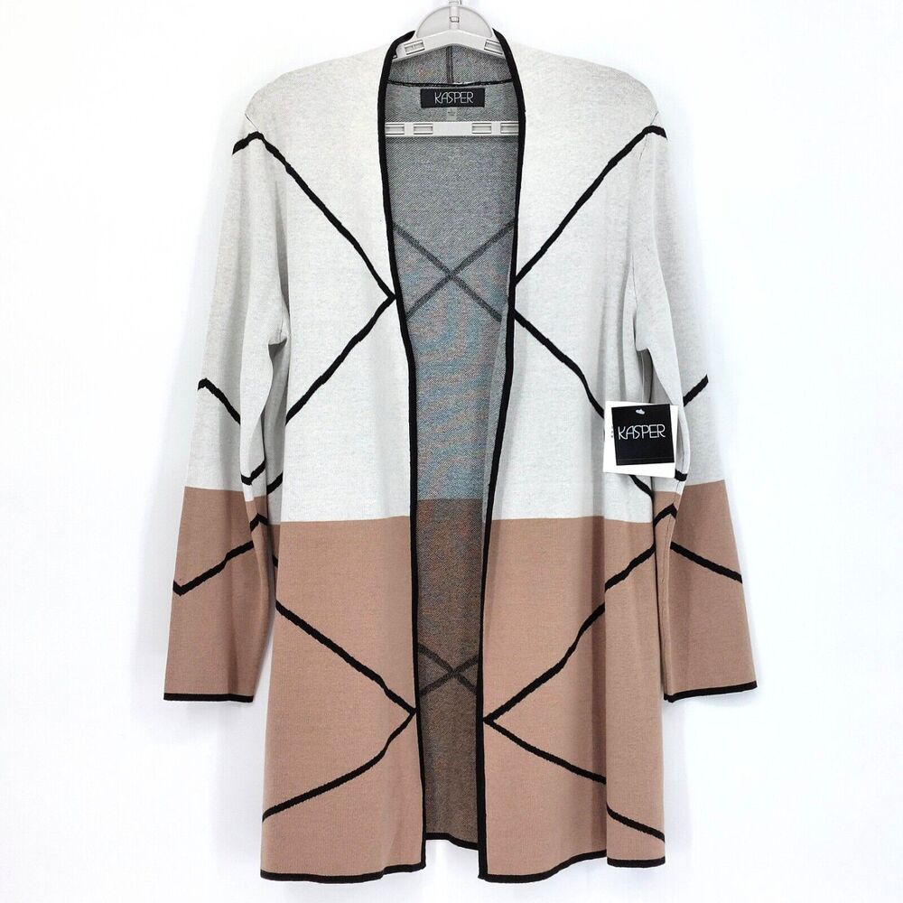 Kasper Long Line Cardigan Sz L Brown Colorblock Duster Sweater Light Academia